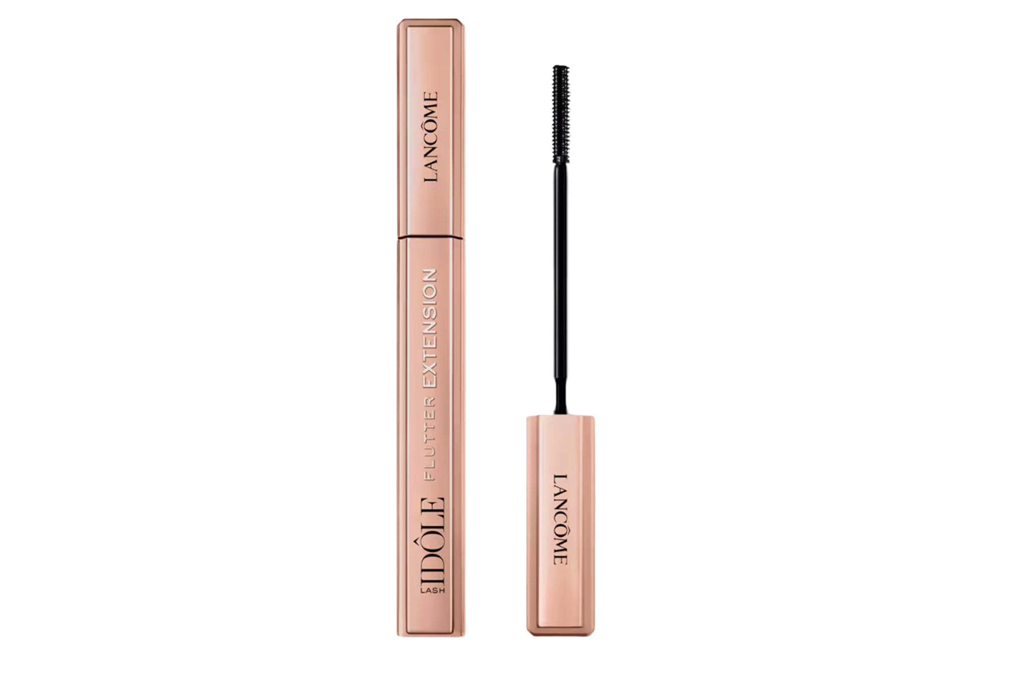 Lancôme Idôle Flutter Extension Lash Mascara in rose gold packaging with the wand shown.