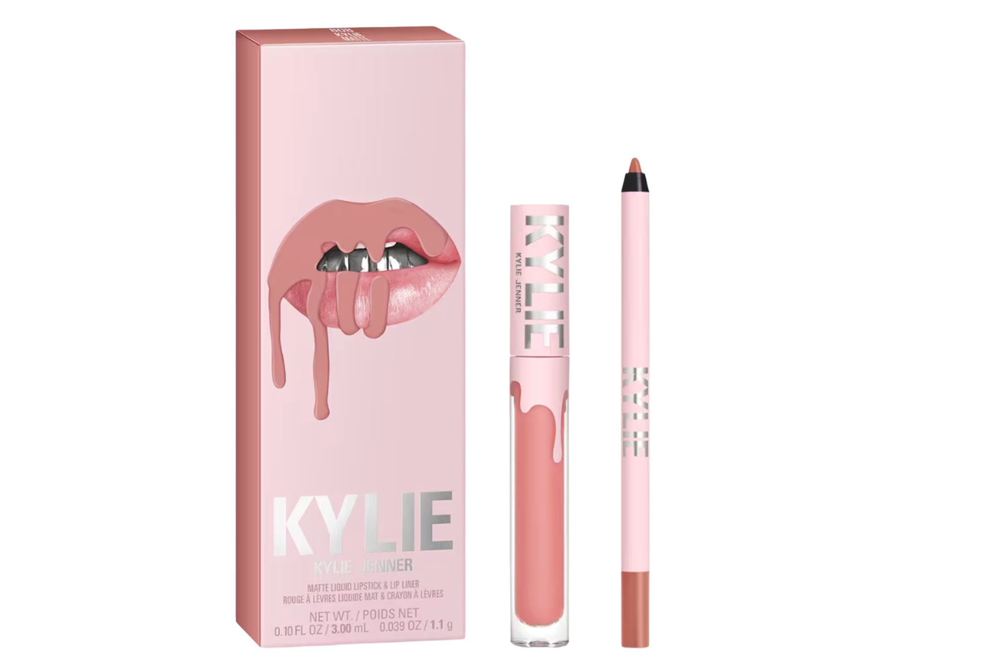 Kylie Cosmetics matte liquid lipstick and lip liner kit in a light pink shade.