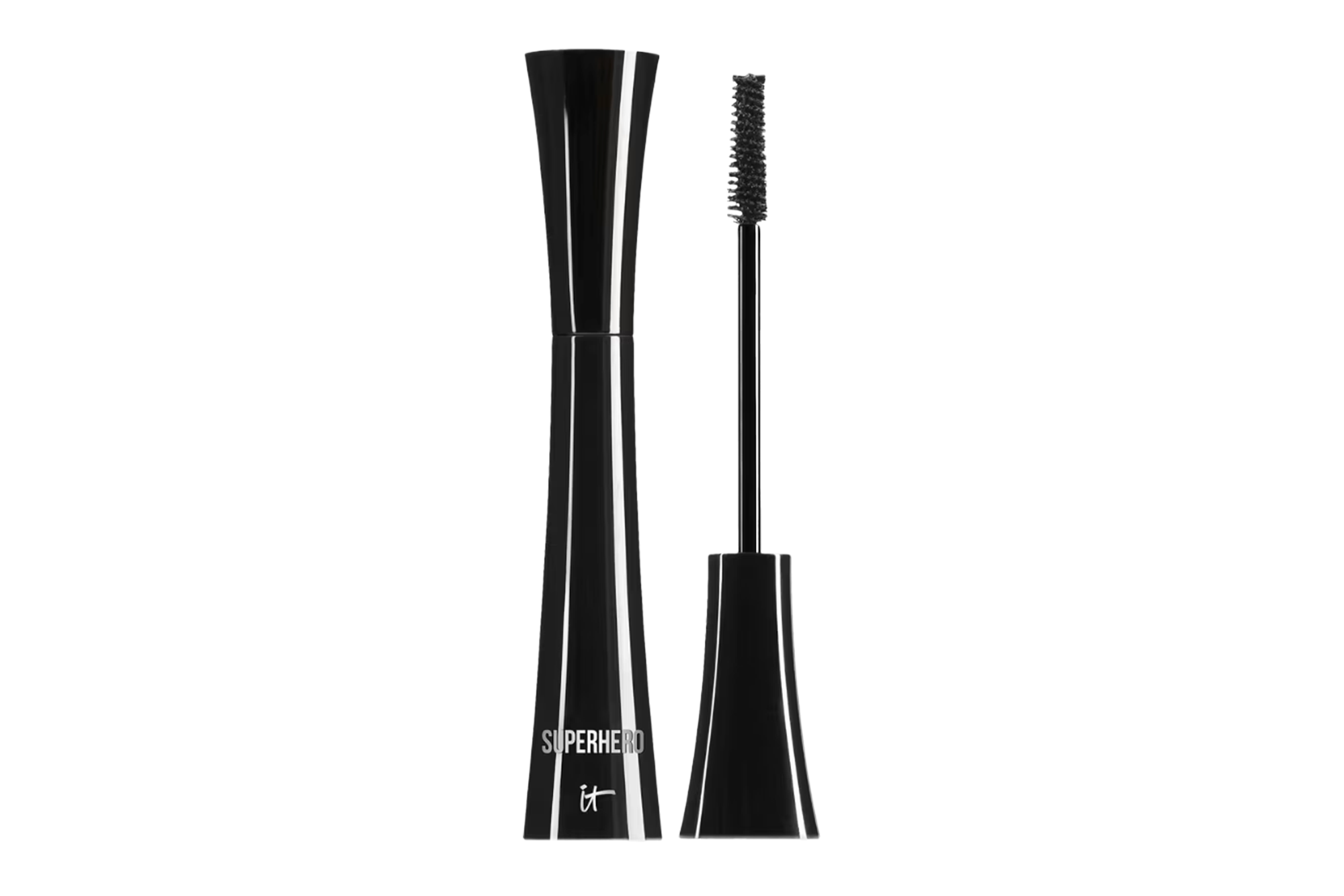 Black It Cosmetics Superhero mascara tube and wand, with the wand extended out of the tube.