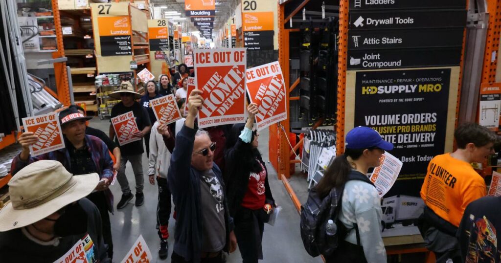 Day laborer organizers protest Home Depot, pressuring it to “scrape ICE out of their stores.”