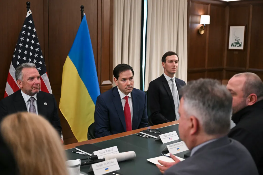 White House Special Envoy Steve Witkoff, US Secretary of State Marco Rubio, and Jared Kushner listen as Rustem Umerov speaks during a meeting.