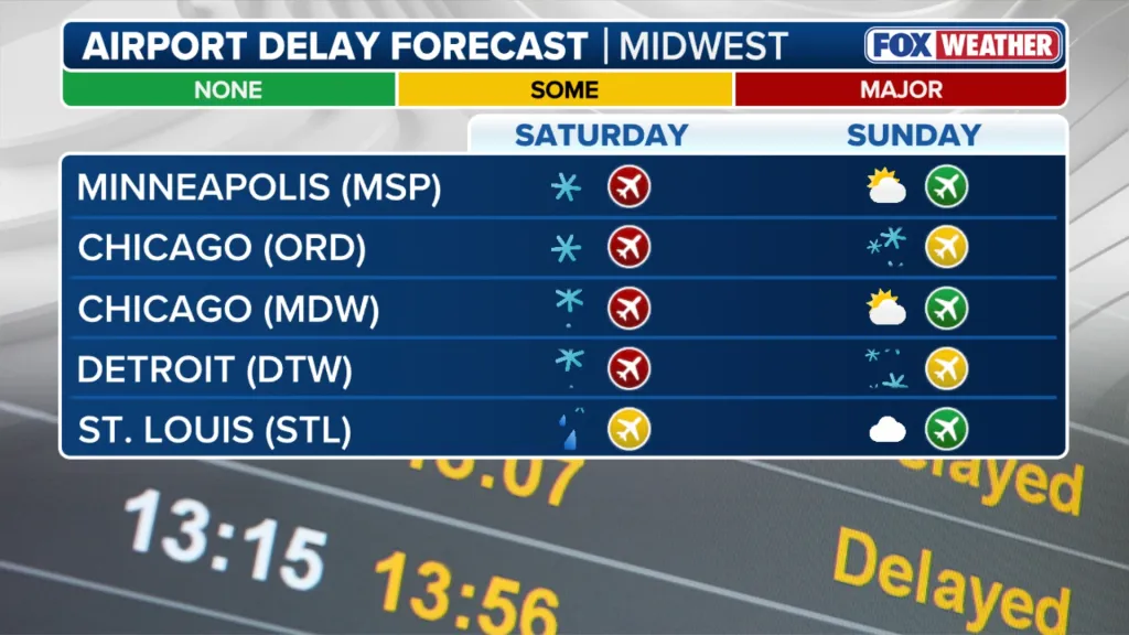 Airport delay forecast for the Midwest showing major delays for Minneapolis, Chicago (ORD and MDW), and Detroit on Saturday due to snow, and some delays for all on Sunday.