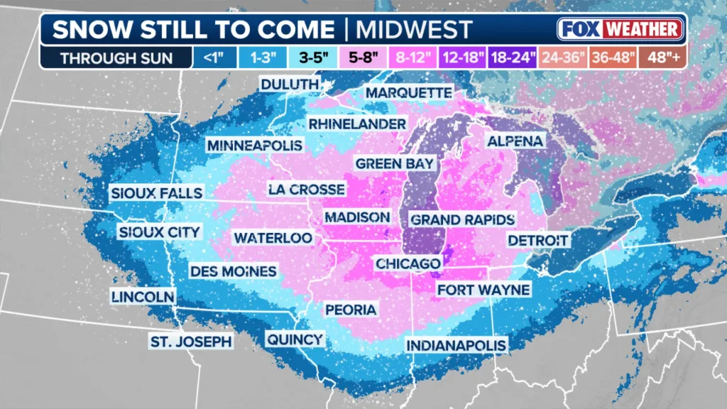 Illustration of a snow accumulation forecast map for the Midwest, showing varying snow depths from less than 1 inch to over 48 inches through Sunday.