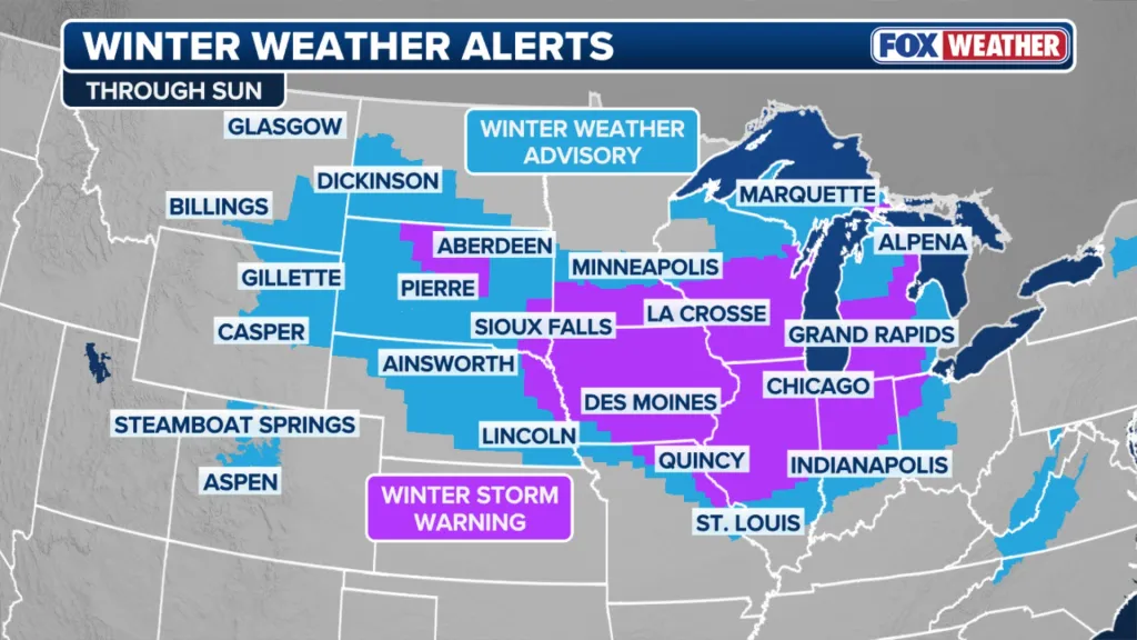 Map showing Winter Weather Alerts across the Midwest, with purple areas under a Winter Storm Warning and light blue areas under a Winter Weather Advisory.