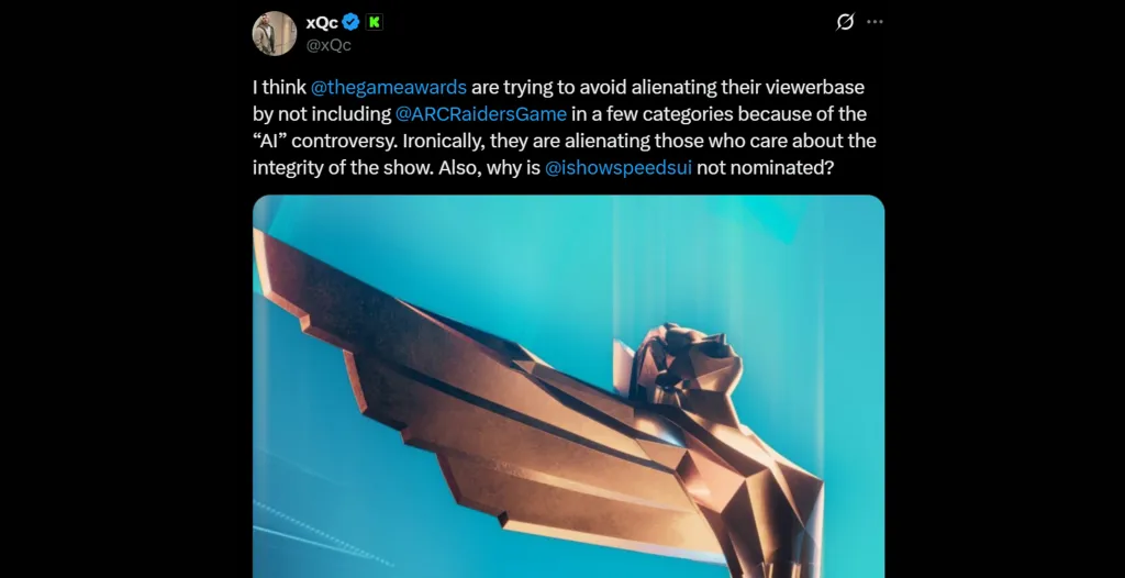 xQC Arc Raiders TGA 2025 AI Snub