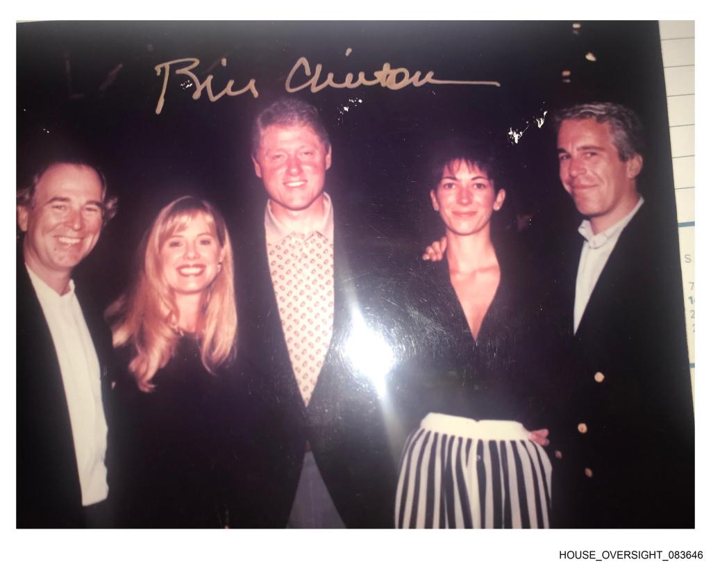 Five individuals, including Bill Clinton, Ghislaine Maxwell, and Jeffrey Epstein, are posing together for a photo, with 
