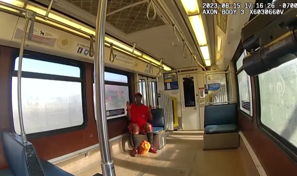 Police bodycam footage of Dante Dwaine Day on a light rail train.