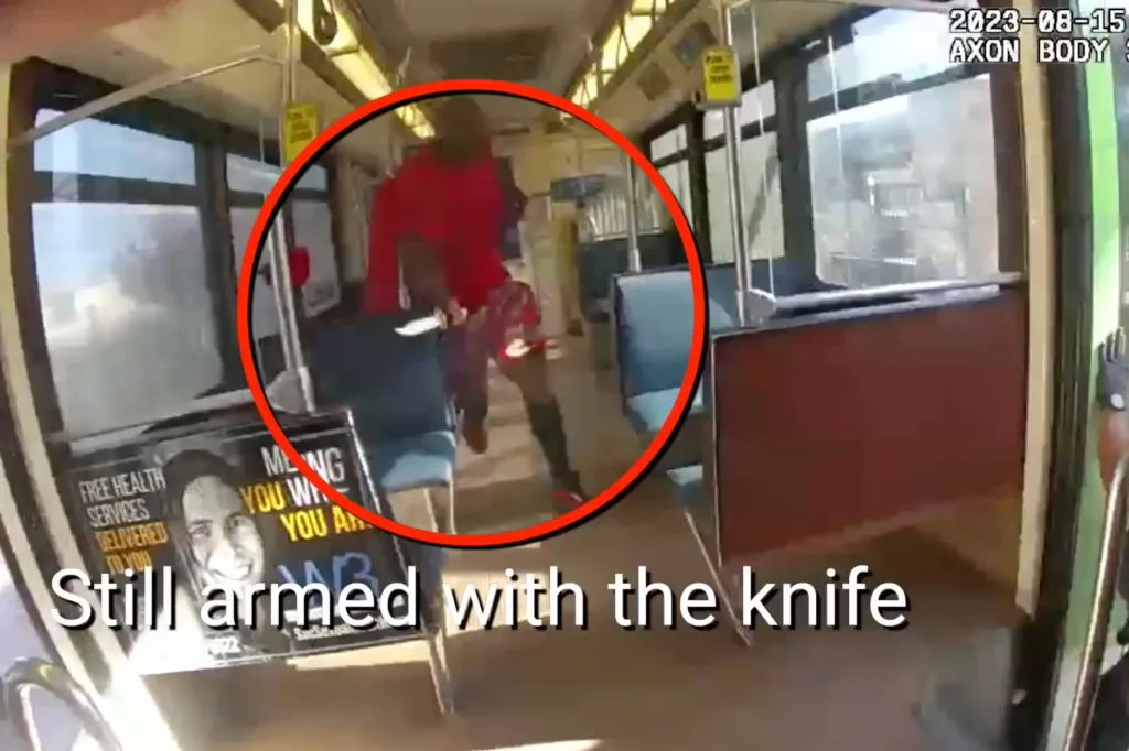 Footage from a body camera showing Dante Dwaine Day armed with a knife on a light rail train.