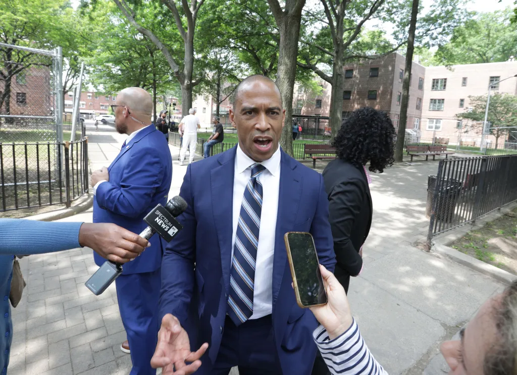 Federal HUD Secretary Scott Turner speaking to reporters at a Section 8 housing model in the Bronx, NY.