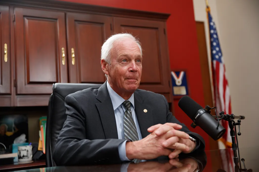 Senator Ron Johnson being interviewed at the Hart office building.