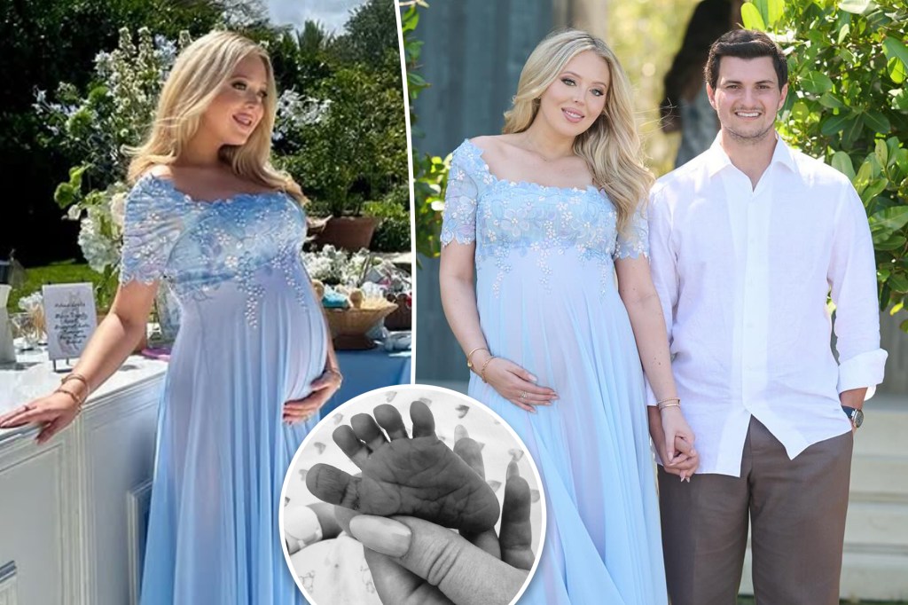 Collage of Tiffany Trump at her baby shower and holding her baby's foot.