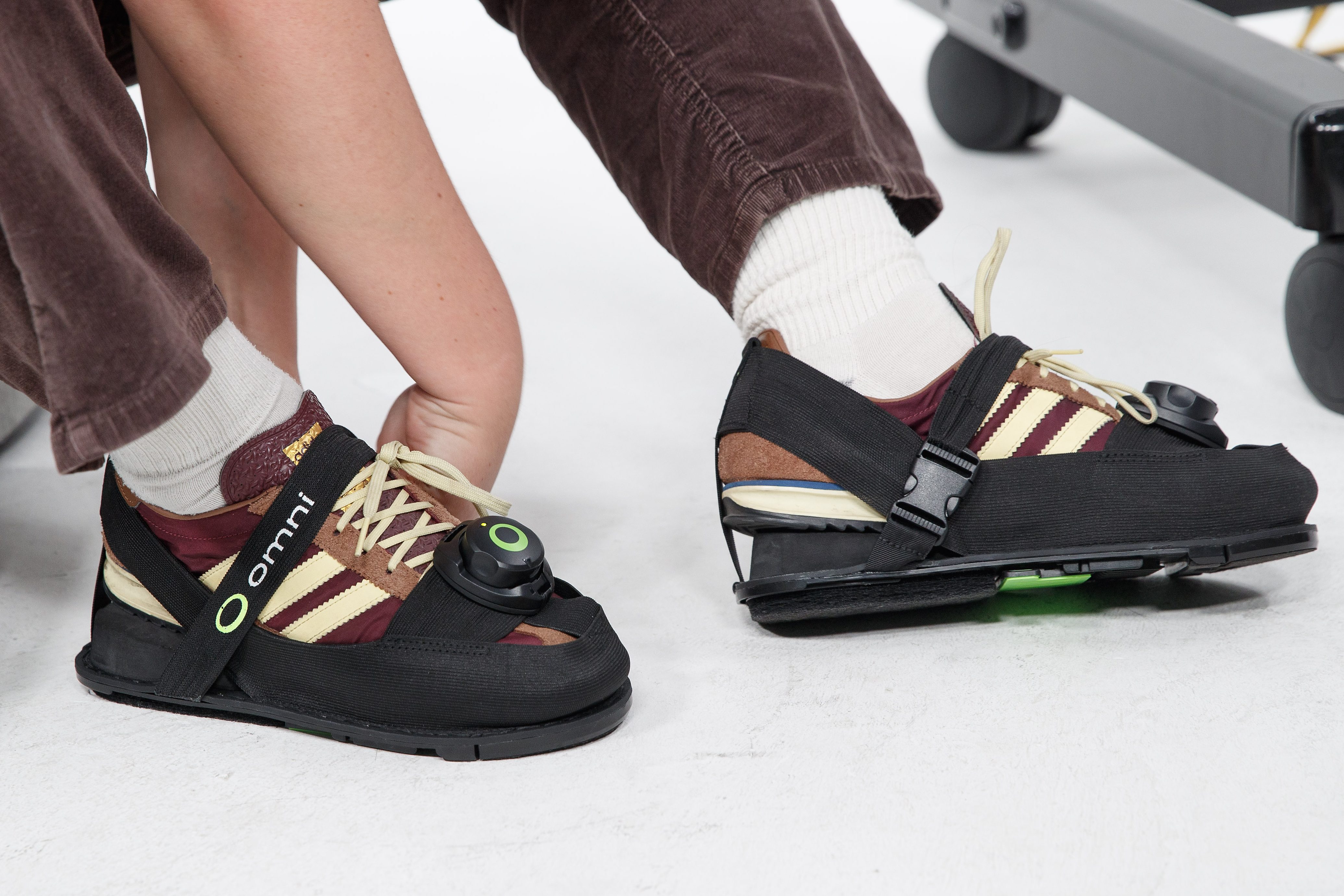 A person wearing Omni One demonstration shoes.