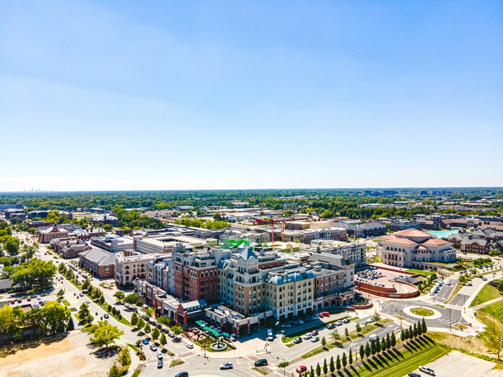 Aerial panorama of Carmel City Center in Indiana.