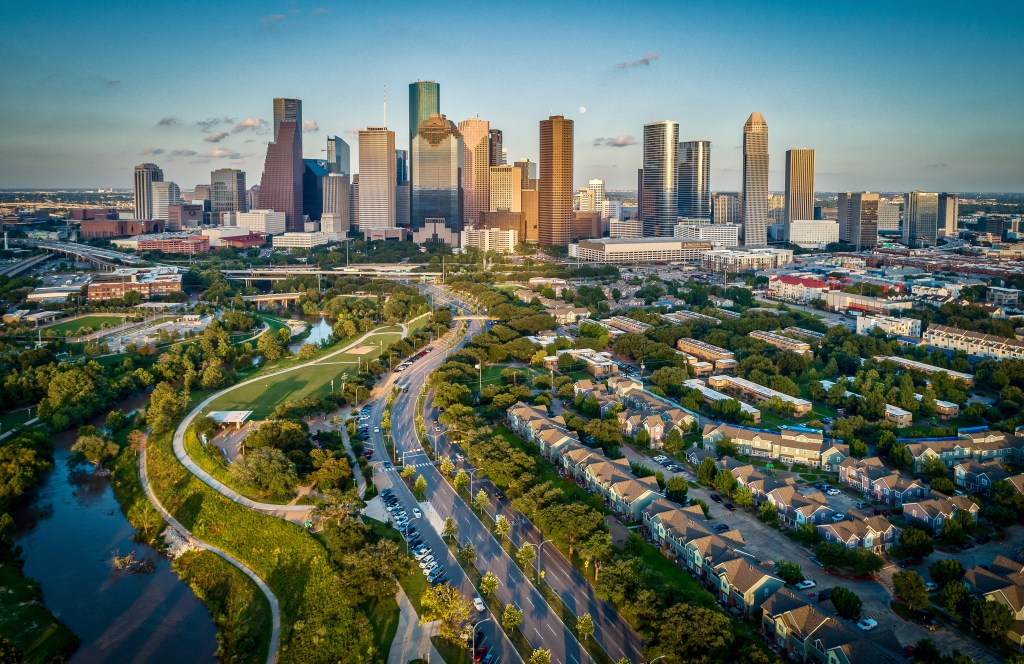 Houston, Texas skyline at sunset.