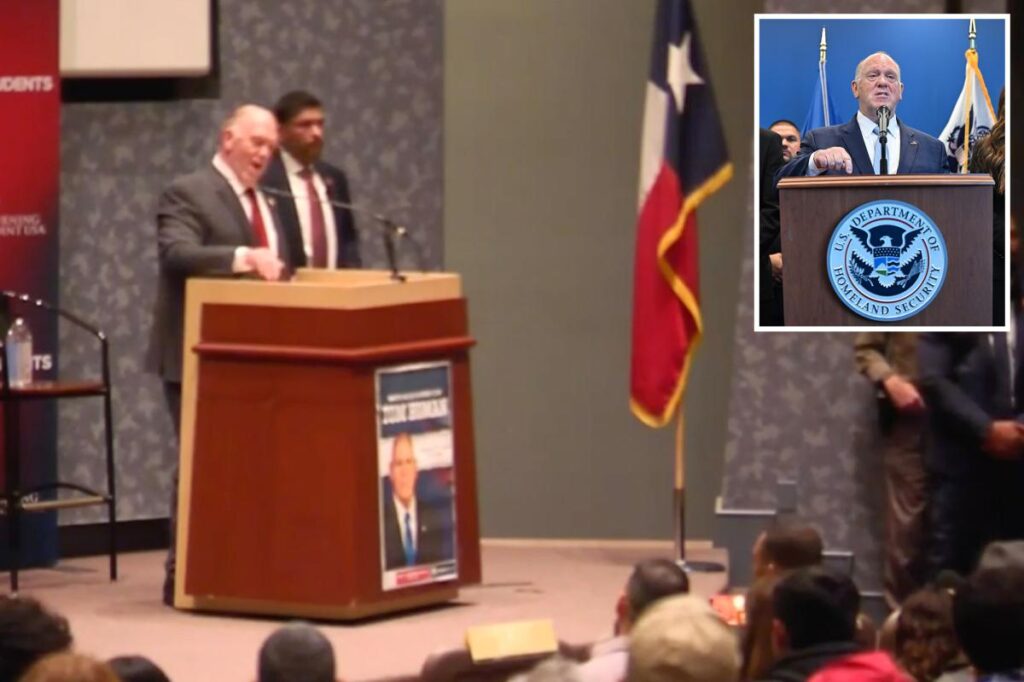 White House border czar Tom Homan erupts at heckler who calls him racist during TPUSA event speech