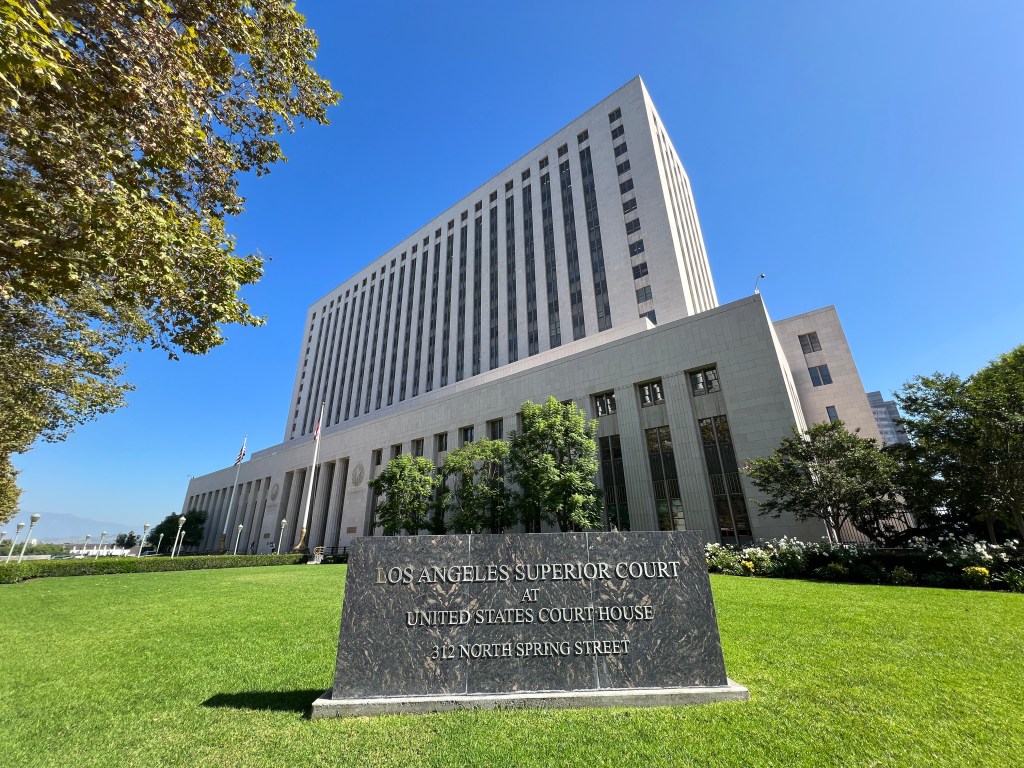 Los Angeles Superior Court building in Downtown, with signage prominent in front.