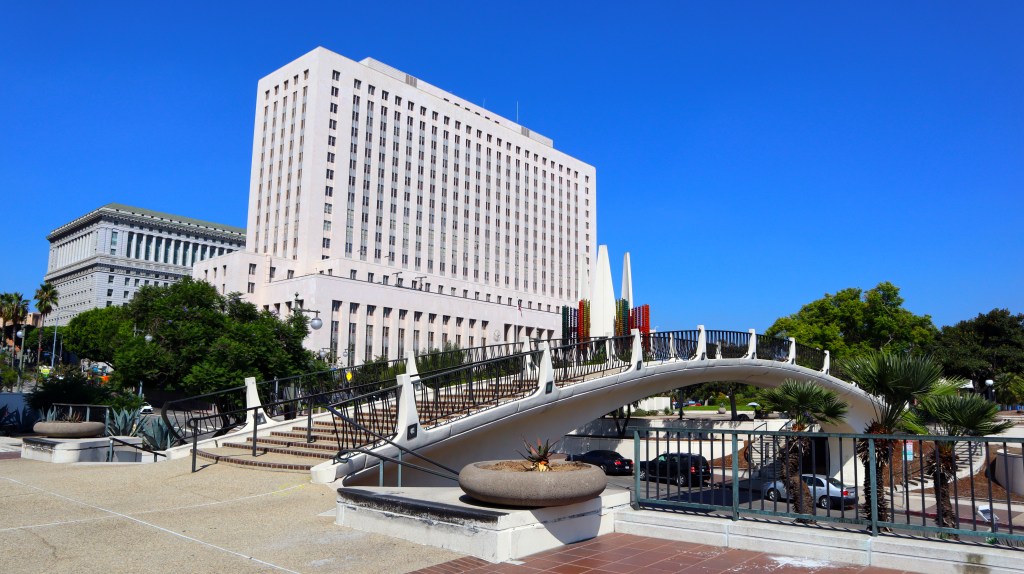 View of the United States Court House, Temple Street Bridge, and Public Art 