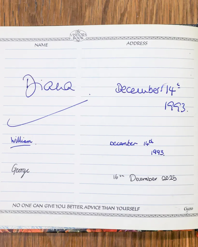 Prince George signed the same visitors book at his dad and grandma.