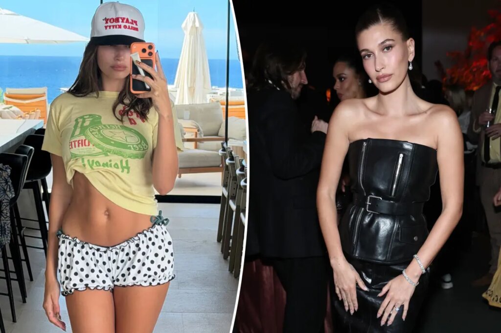 Hailey Bieber displays taut midriff in tiny polka-dot shorts for beachside selfie