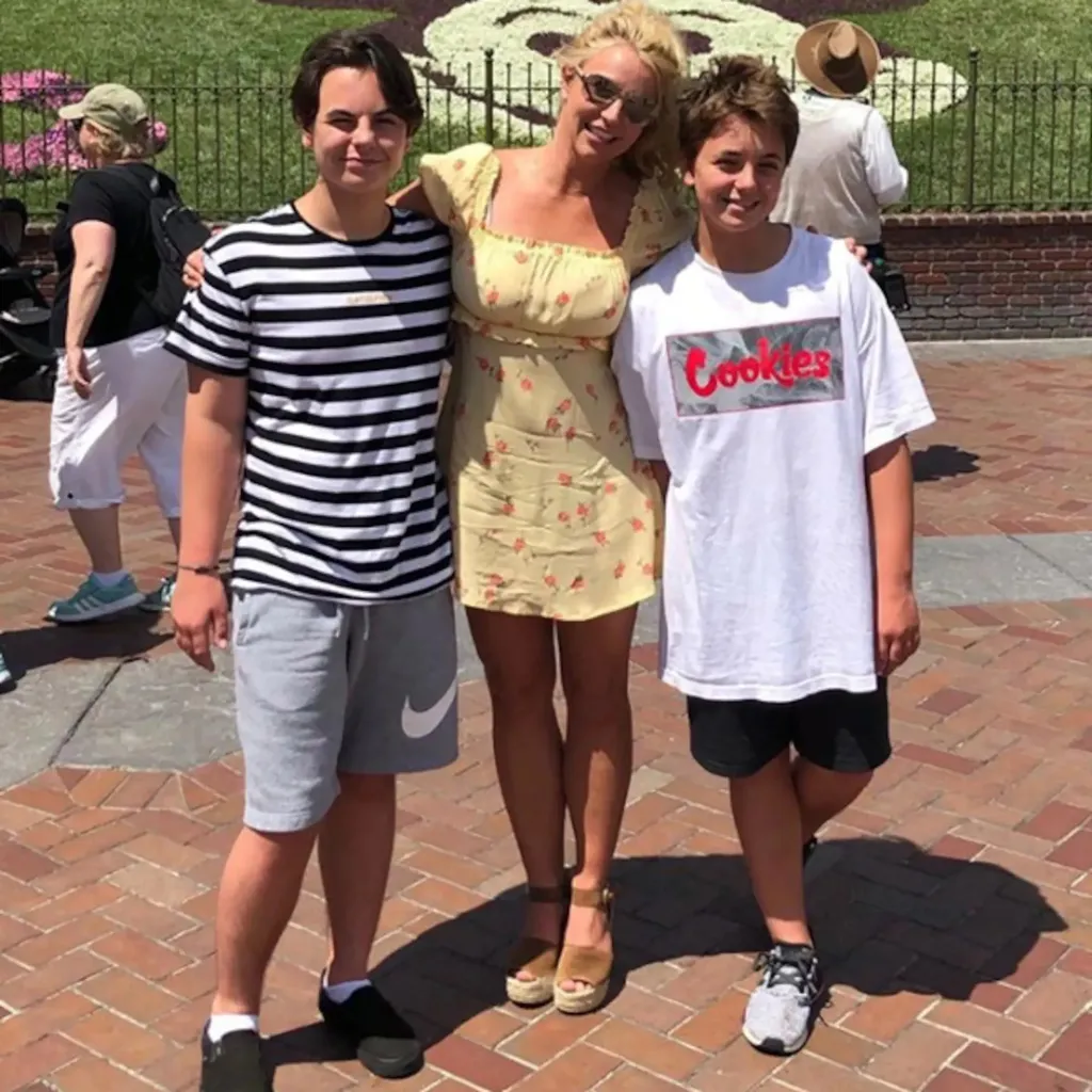 Britney Spears posing with her two sons.