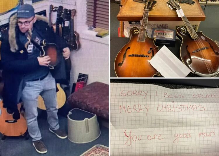 Tipsy thief steals 2 mandolins from NJ music store, returns them with note saying ‘I been drunk’