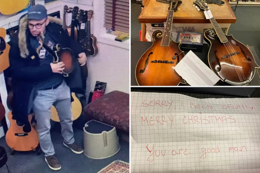 Tipsy thief steals 2 mandolins from NJ music store, returns them with note saying ‘I been drunk’