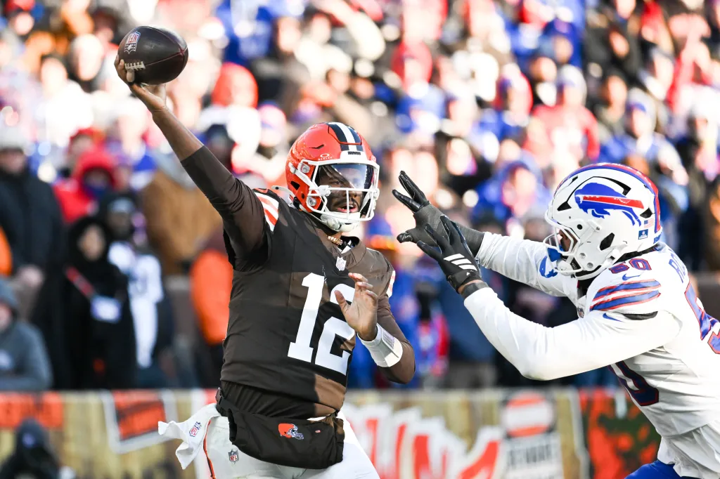 Cleveland Browns quarterback Shedeur Sanders throws the ball during a game against the Buffalo Bills on Dec. 21, 2025.