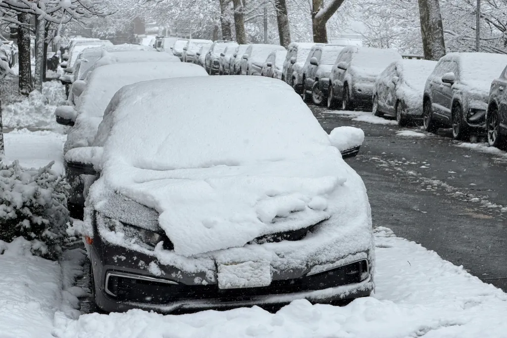 Cars covered in snow on a street in NYC.