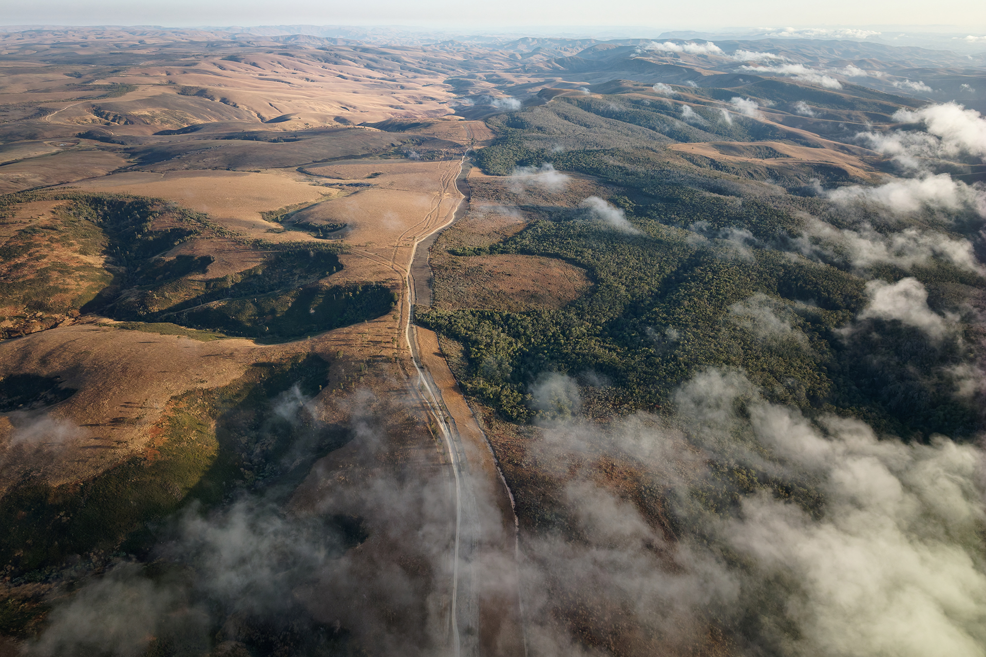 Seen from above, green forests cover hills to the right and cleared grasslands are to the left. Seen from above, green forests cover hills to the right and cleared grasslands are to the left.