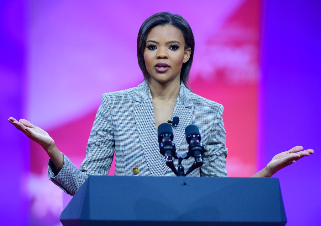 Candace Owens speaking at a podium.