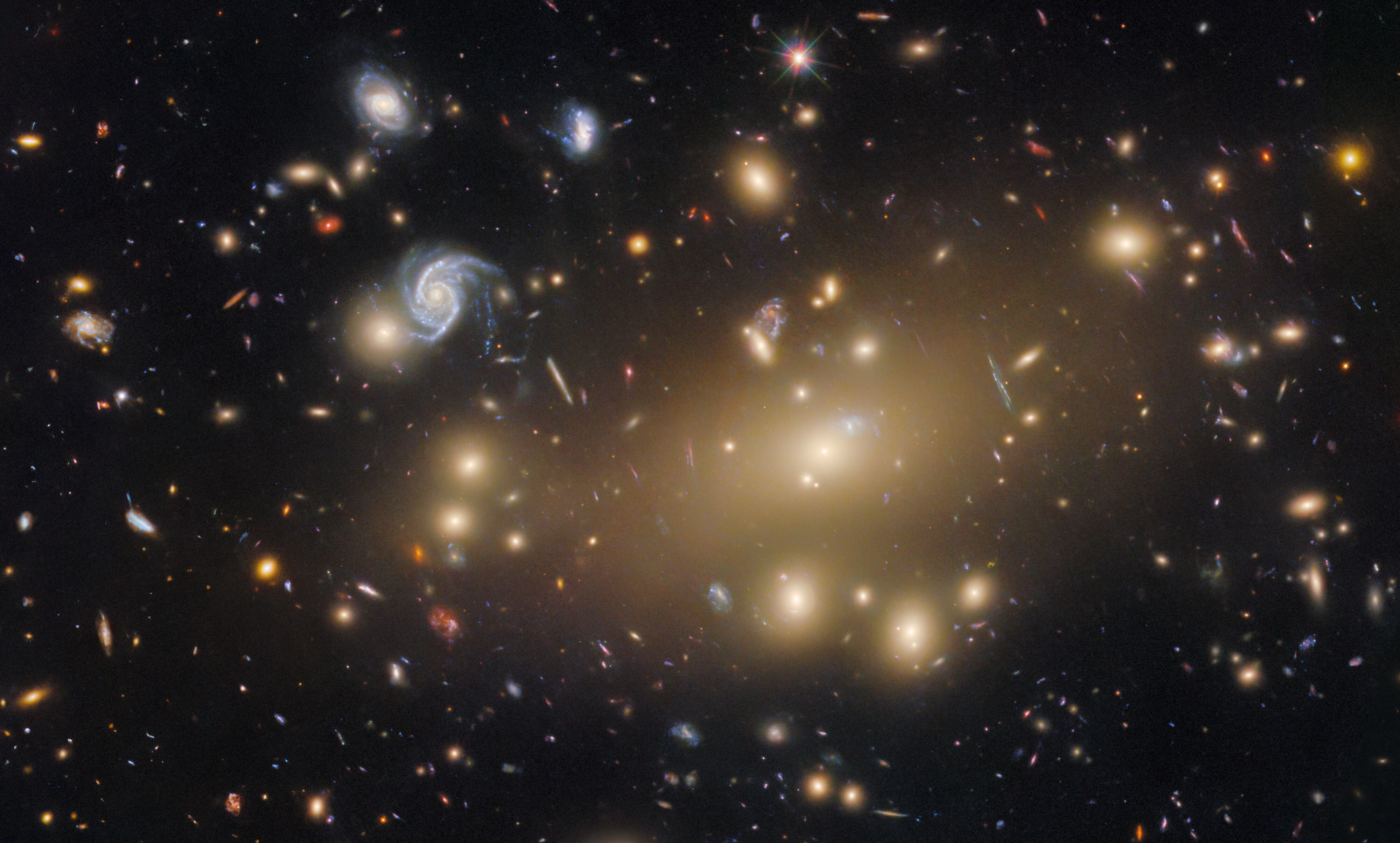 A deep-space image of many dozens of different-colored galaxies, some with a typical spiral shape, most appearing as small blobs of light.