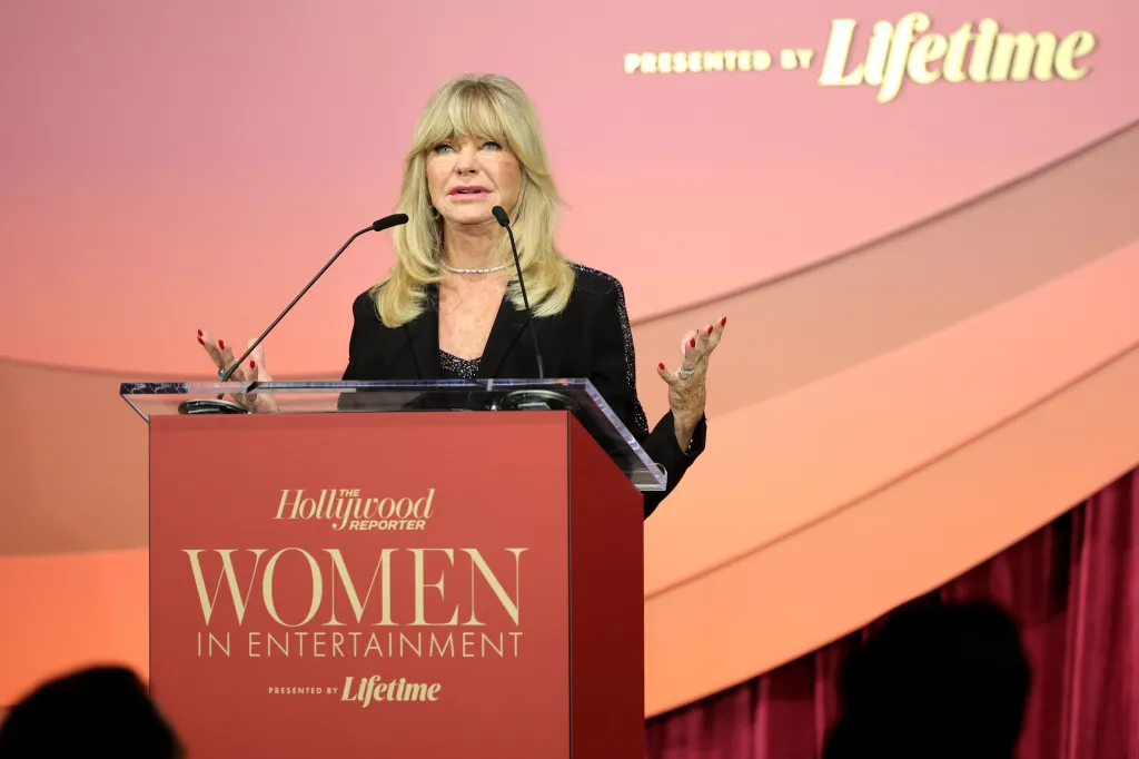 Goldie Hawn speaks onstage at the The Hollywood Reporter Women In Entertainment event on December 3
