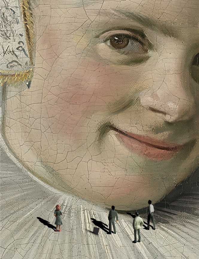 illustration with detail from 17th-century painting showing a smiling ruddy-cheeked woman, with four tiny modern figures standing on her ruffled collar and examining her smile