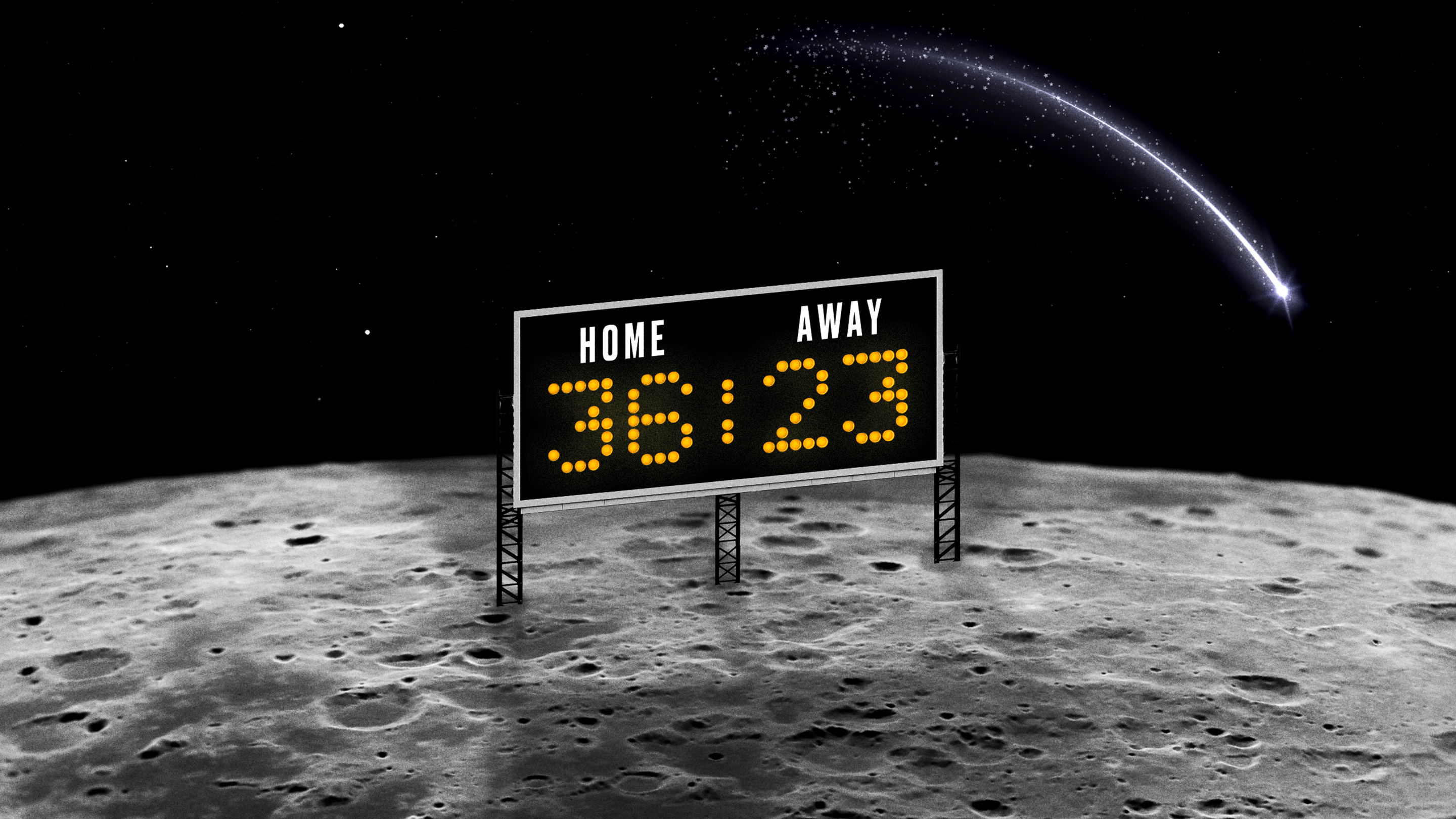 Illustration of a football scoreboard showing 36–23, on the surface of the moon.