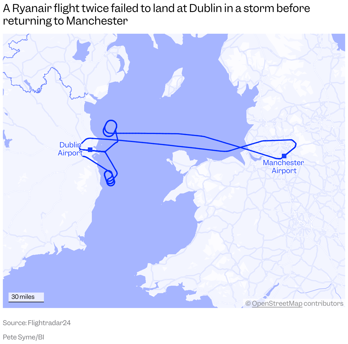 A map of the Irish Sea showing the flight path of Ryanair 555 on Tuesday 9 December, circling twice off the coast of Dublin before returning to Manchester