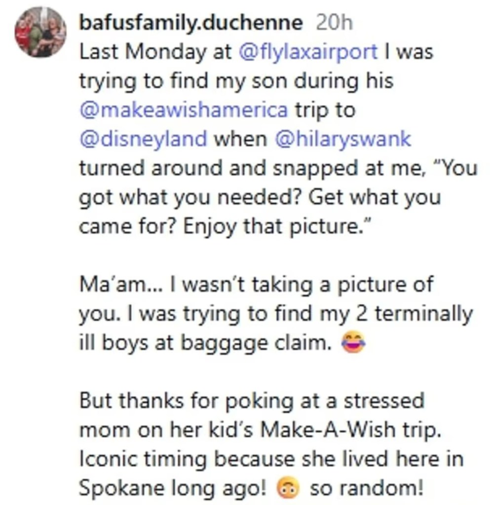 Jada Bafus' Instagram post about her encounter with Hilary Swank