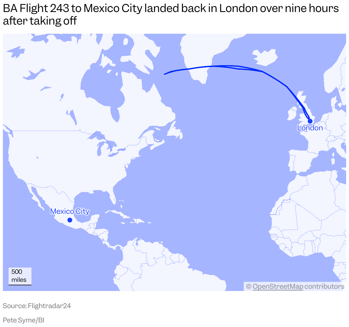A map of the world showing the path of British Airways Flight 243 fron London to Mexico City on 10 December 2025, which diverted over the Atlantic Ocean and returned to Heathrow
