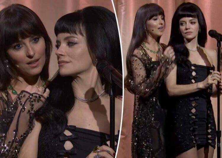 Lingerie-clad Dakota Johnson joins Lily Allen to play mistress ‘Madeline’ in surprise ‘SNL’ performance