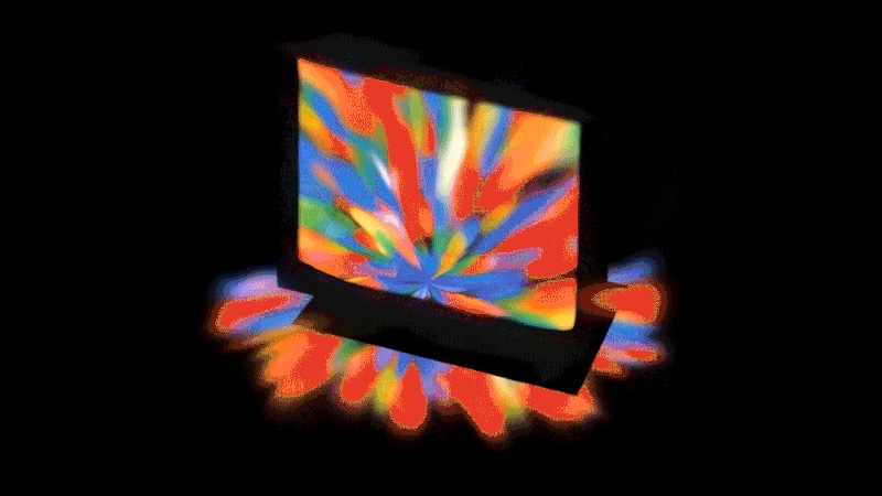 Rainbow graphic blooming out of a TV screen.
