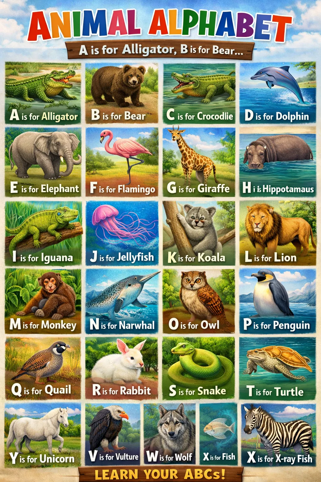 AI-generated animal alphabet poster. One animal should illustrate each letter of the alphabet, but there are several errors in a style typical of generative AI. The errors are worse than the image preceding it.