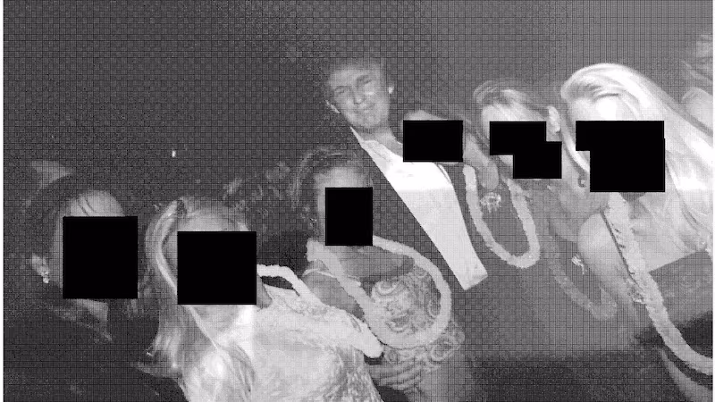 Trump is featured in a photo with five women with their faces blocked out.