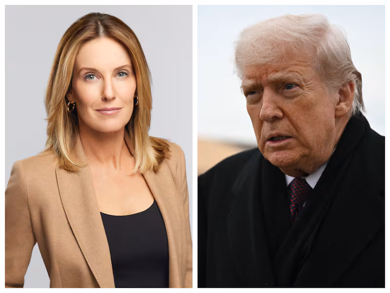 Collage of 60 Minutes reporter Sharyn Alfonsi and U.S. President Donald Trump.