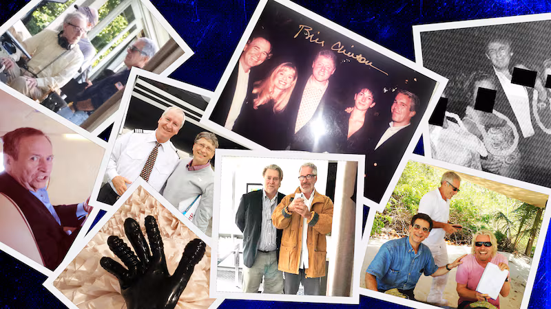 A photo illustration of a collage of photographs of Jeffrey Epstein, Bill Clinton, Woody Allen, Richard Branson, and Donald Trump.