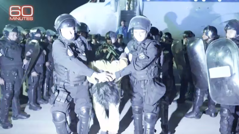 A still from the trailer for a '60 Minutes' segment about CECOT, which was pulled at the last minute by Bari Weiss.