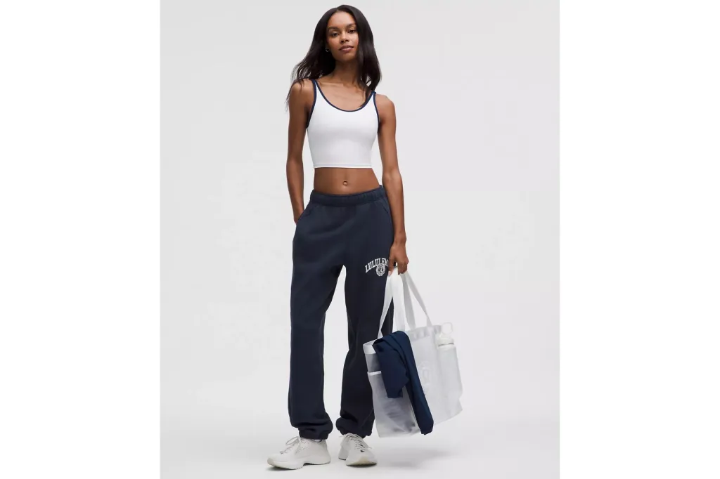 A woman modeling Lululemon sweats.