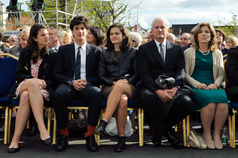 NEW ROSS, IRELAND - JUNE 22: Tatiana Schlossberg, Jack Schlossberg, Rose Schlossberg, Edwin Schlossberg and Caroline Kennedy attend a ceremony to commemorate the 50th anniversary of the visit by US President John F Kennedy, on June 22, 2013 in New Ross, Ireland. The Eternal Flame from Kennedy's grave was used to light a flame on the quayside where he gave a speech in 1963. (Photo by Clodagh Kilcoyne/Getty Images)