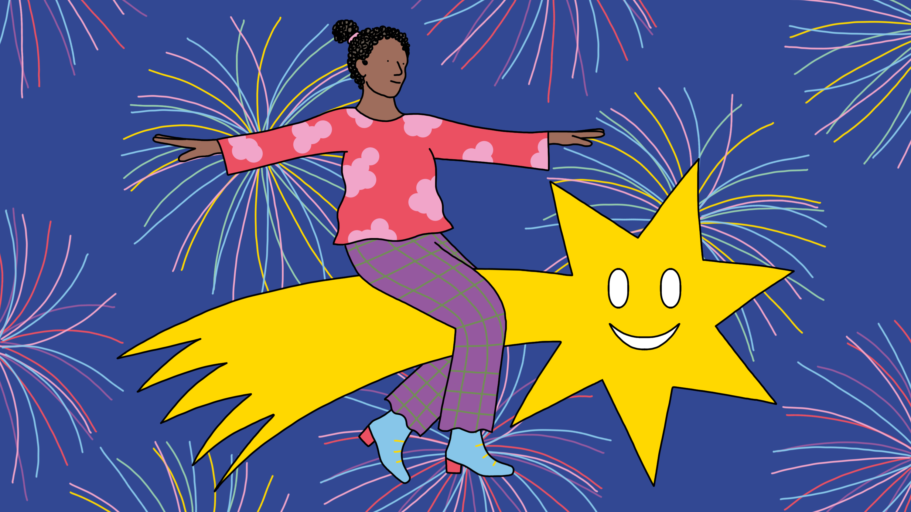 A woman rides a smiling shooting star, with fireworks in the background.
