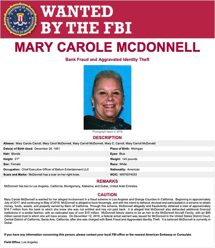 FBI Wanted poster for Mary Carole McDonnell, accused of bank fraud and aggravated identity theft.