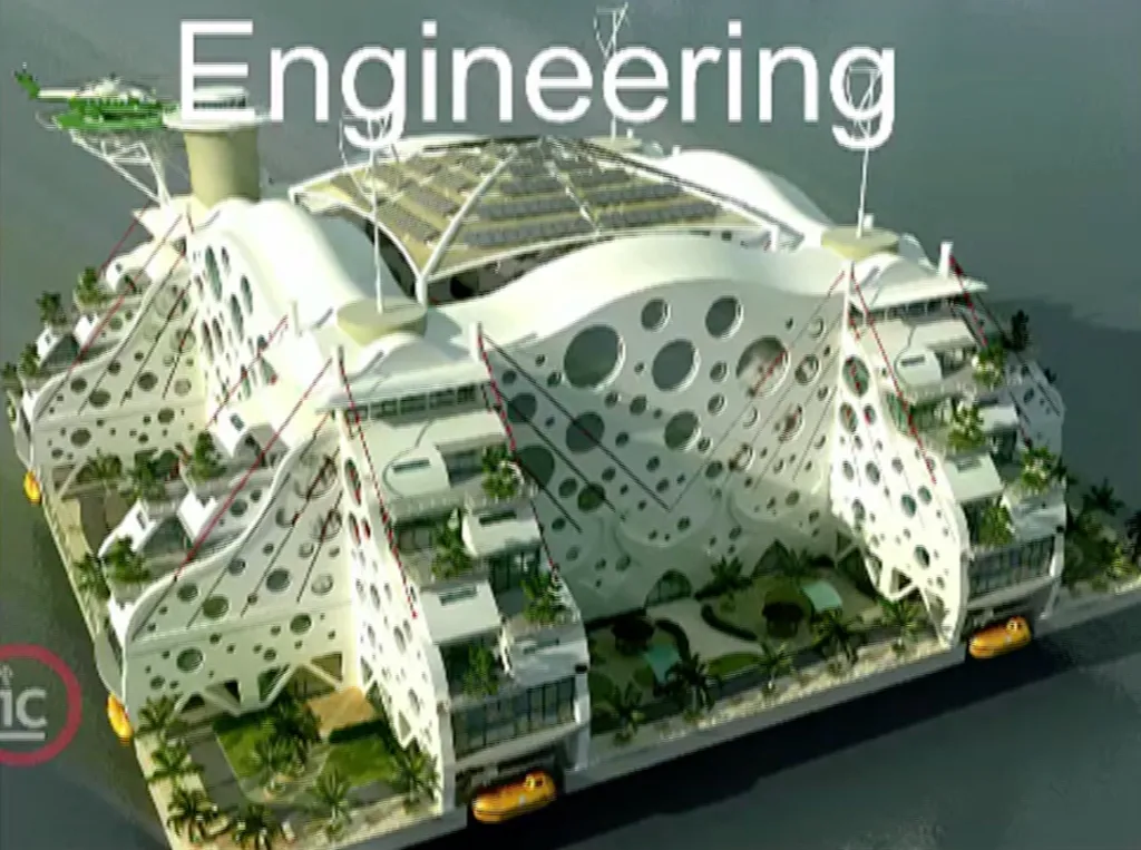 Illustration of a white floating city with green helicopter on a helipad, solar panels on the roof, palm trees, and small yellow boats.