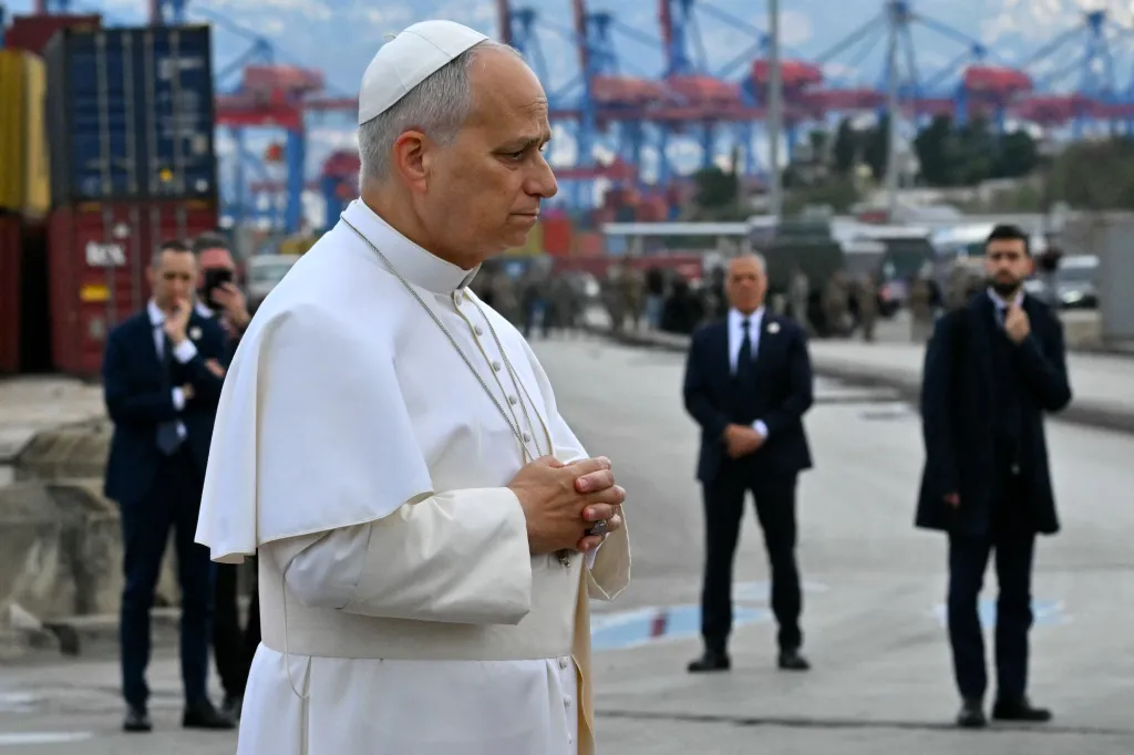 Pope Leo XIV prays at the site of the 2020 Beirut port explosion honoring the victims during his apostolic journey, in Beirut on December 2, 2025.